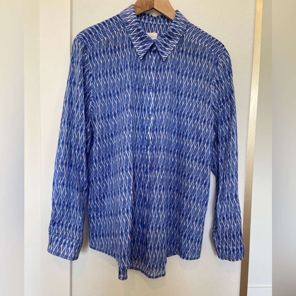 Chico’s Tunic Blouse Gauzy Blue & White Ikat Print Long Sleeve Shirt XL